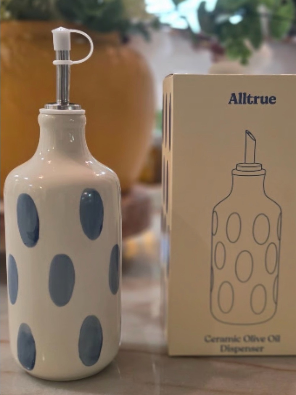 Ceramic Olive Oil Dispenser - White with Blue Dots